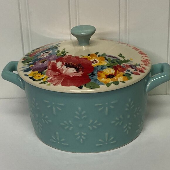 Pioneer Woman Mini Casserole Sweet Romance Floral Blue Stoneware Cocotte 6.25" - Picture 1 of 8